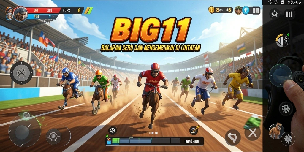 Tampilan gameplay mendebarkan dari BIG11 saat balapan di lintasan.