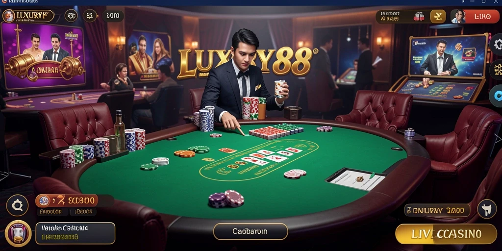 Screenshot LUXURY88 menampilkan dealer cantik dan suasana permainan Live Casino.