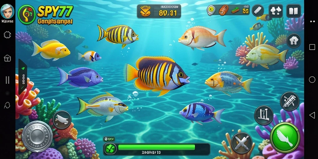 Tampilan menarik dari gameplay SPY77 saat menembak ikan.