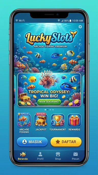 Cuplikan layar dari aplikasi luckyslots yang menampilkan antarmuka modern dan menarik.